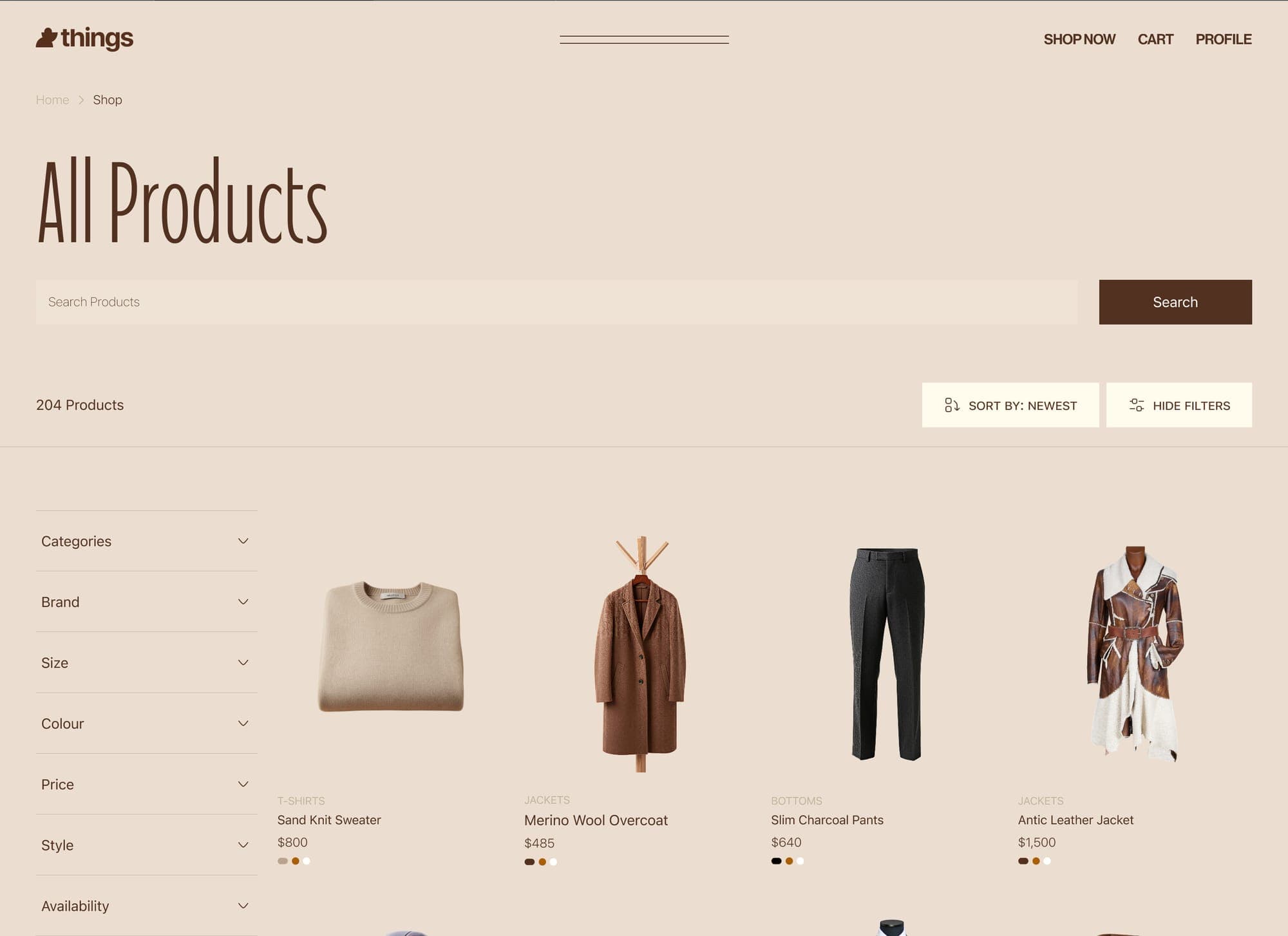 Things cart and checkout flow with line items and totals.