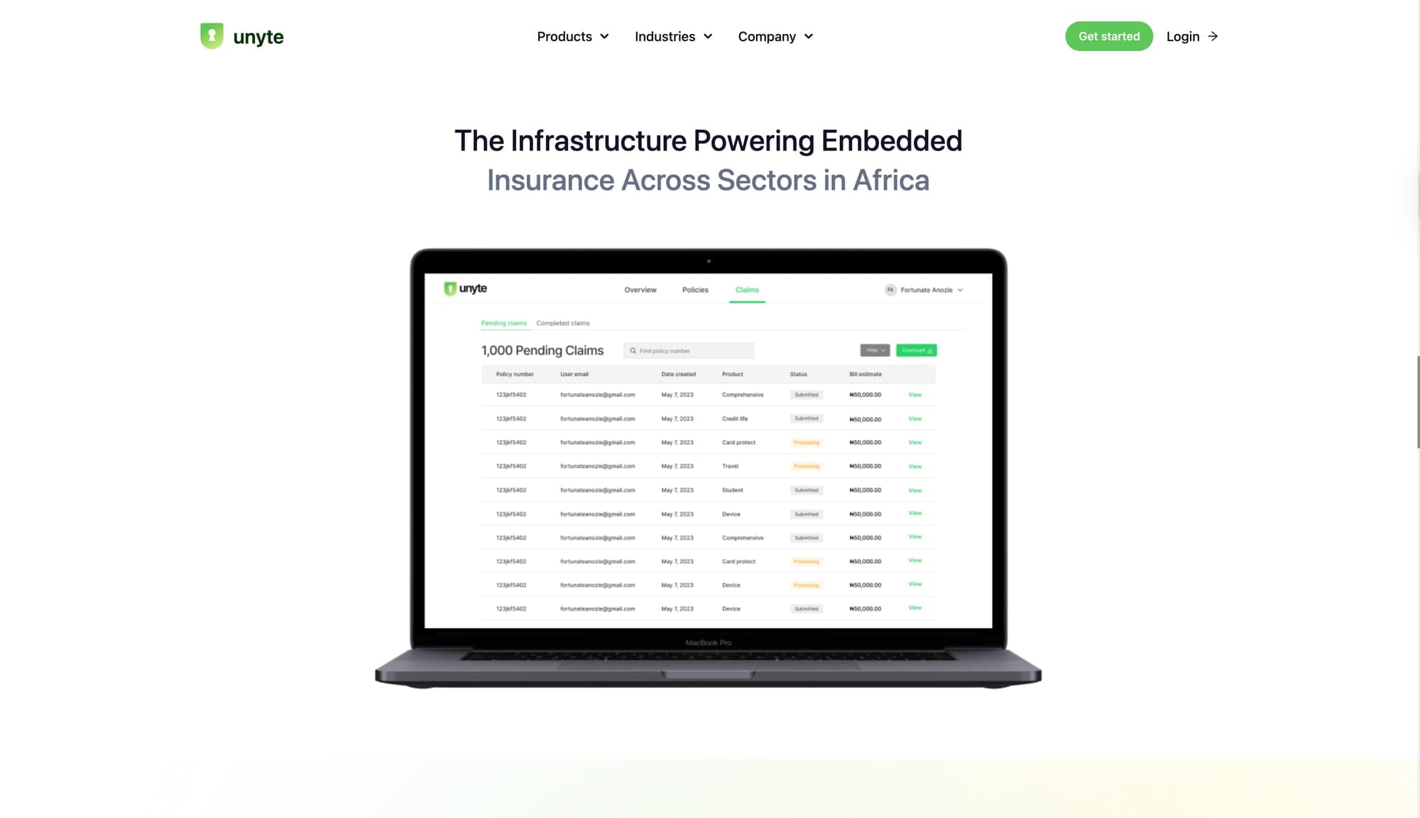 Unyte underwriting workflow with status indicators.